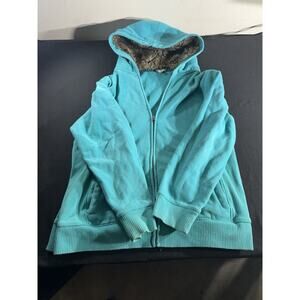 Old Navy Women’s XL Fur Hooded Sweatshirt, Zipper, Stretchy Sides. Blue Green.